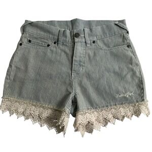 Farm Girl Authentic Brand Striped Denim Shorts with Lace Trim Blue Junior Size 1